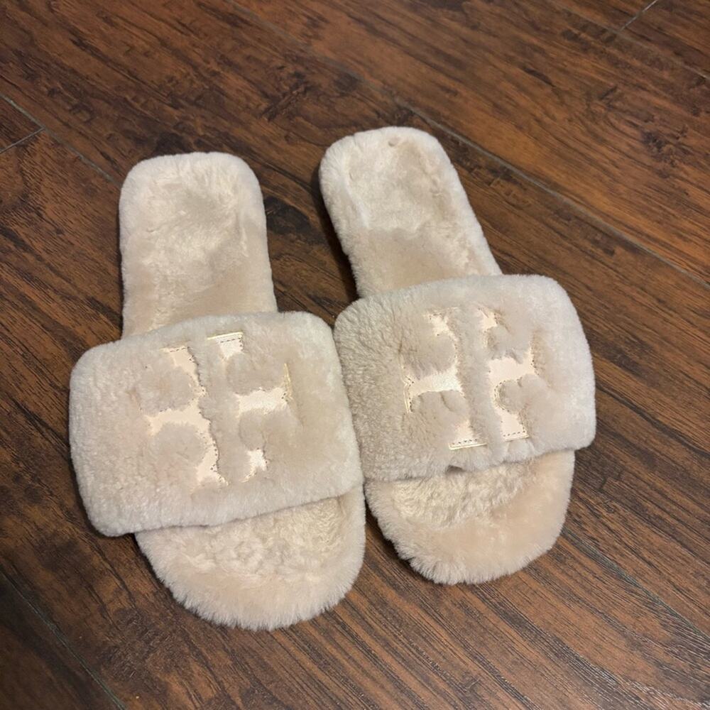 TORY BURCH Women's  Double T Logo Shearling Slides Sandals